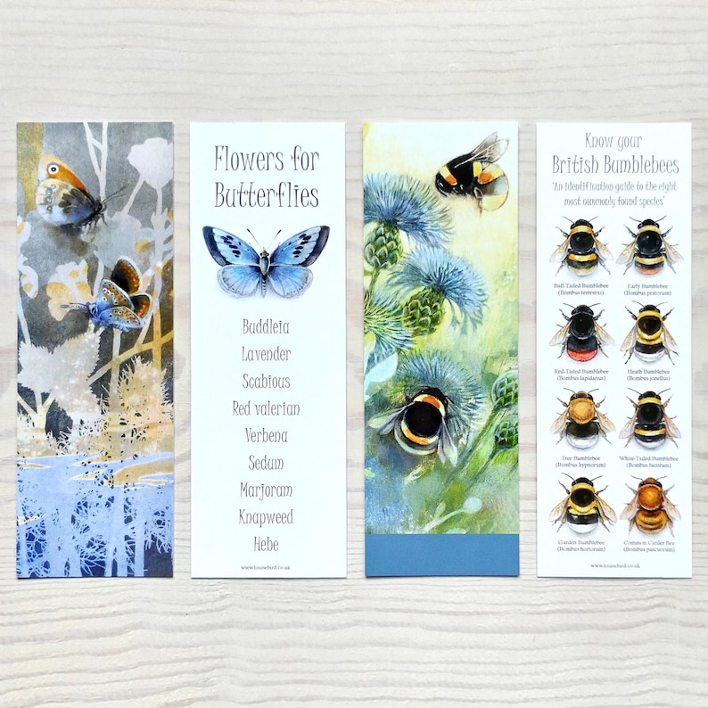 May include: Three watercolor bookmarks with nature illustrations. The first bookmark features a butterfly and the text "Flowers for Butterflies". The second bookmark features a bumblebee and the text "Know your British Bumblebees". The third bookmark features a butterfly and a list of flowers that attract butterflies.