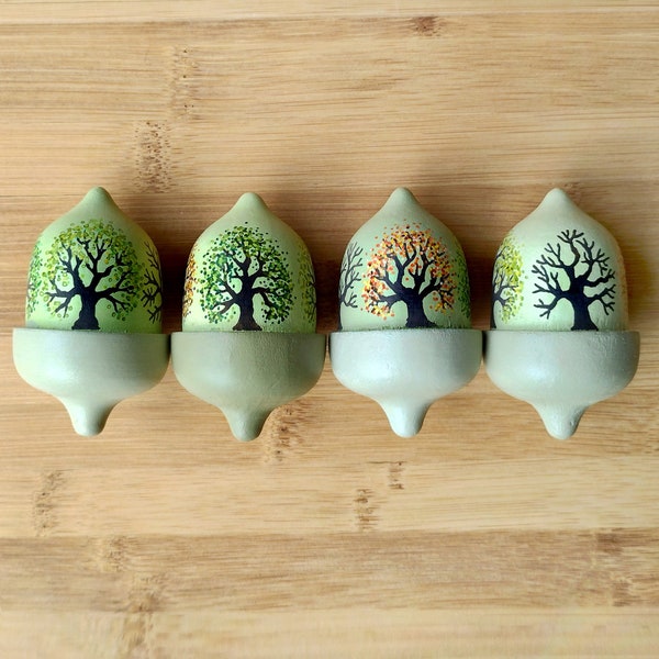 Hand Painted Large Solid Wood Acorn depicting an Oak Tree through the Four Seasons around its circumference, Nature, Woodland theme Gift.