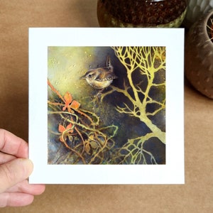 Zaunkönig im Winter, Karte und Umschlag mit Kunstwerken von Louise Bird. Gartenvogel, recycelte Karte, blanko für Deine eigene Nachricht, jede Gelegenheit.