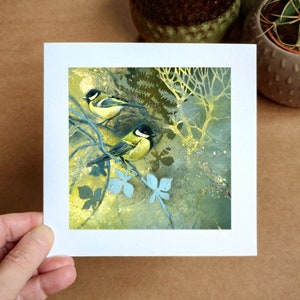 Winter Futtersuche, Karte und Umschlag mit Kunstwerken von Louise Bird. Gartenvögel, recycelte Karte , blanko für Deine eigene Nachricht, jede Gelegenheit.