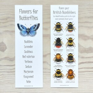 May include: A bookmark with a blue butterfly illustration on the left side and a list of flowers that attract butterflies. The right side of the bookmark features illustrations of eight different British bumblebees with their names and scientific names.