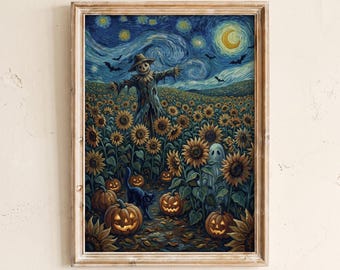 Quadro de parede com campo de girassóis, impressão noturna pós-impressionista, céu com luar rodopiante, paisagem outonal pictórica, decoração gótica de Halloween.