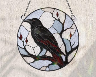 Vitral em forma de corvo para pendurar na janela, decoração gótica de Halloween com corvo, arte assustadora de pássaro preto, presente de decoração macabra e bruxa para casa.