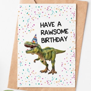 Funny Dinosaur Birthday Card, T-Rex Birthday Card For Son, Have A Rawsome Birthday Greeting Card, Boyfriend Husband Birthday Gift For Him