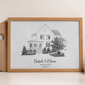 May include: A black and white line drawing of a house with a porch and a tree in front. The text "Daniel & Olivia Our First Home 20.05.2024" is below the house.