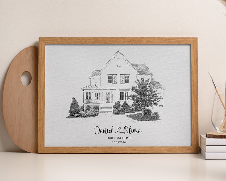May include: A black and white line drawing of a house with a porch and a tree in front. The text "Daniel & Olivia Our First Home 20.05.2024" is below the house.