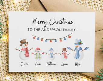 Personalized Family Christmas Card, Custom Family Name Holiday Card, Snowman Xmas Greeting Card For Neighbor For Best Friend