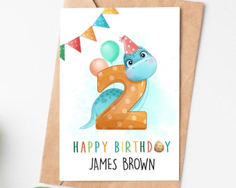 Personalized 2nd Birthday Card, Second Birthday Card For Baby Boy, 2 Year Old Dinosaur Birthday Card For Son Grandson Or Nephew
