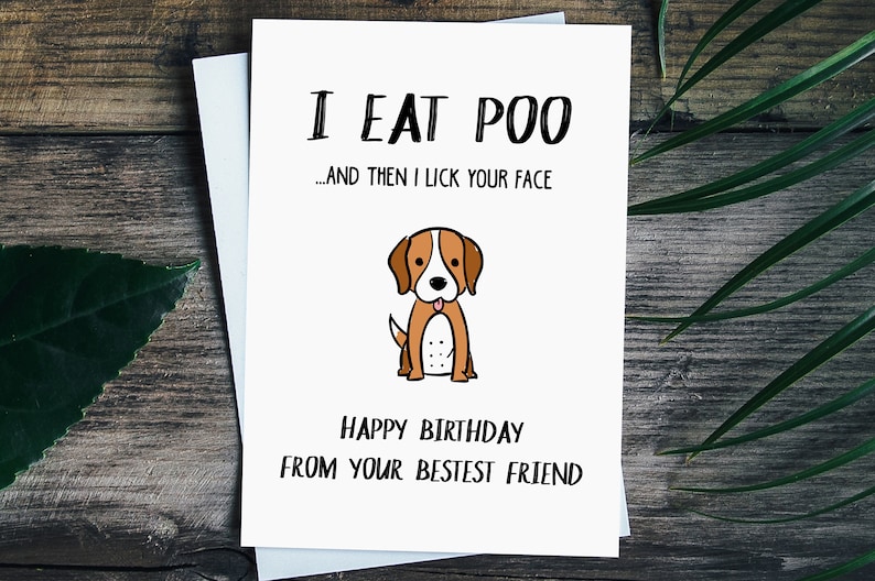 Może przedstawiać: Biała kartka z życzeniami z napisem "I EAT POO...AND THEN I LICK YOUR FACE" nad ilustracją psa z kresk&oacute;wki. Poniżej psa znajduje się napis "HAPPY BIRTHDAY FROM YOUR BESTEST FRIEND". Karta leży na drewnianej powierzchni.
