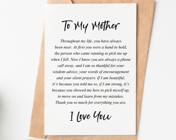 To My Mother Card, Mothers Day Card, I Love You Card For Mom, Mom Birthday Card, Mothers Day Gift From Daughter, Mum Birthday Gift