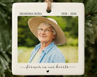 Personalized Memorial Photo Ornament, Custom Forever In Our Hearts Picture Bauble, Grandma Sympathy Gift, Loss Of Grandpa Keepsake Gift