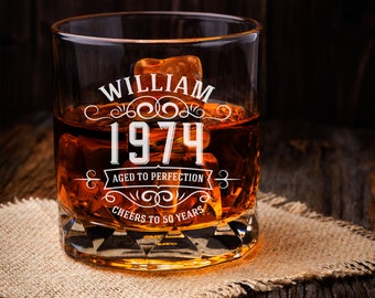 Personalized Birthday Gift for Men, 30th 40th 50th 60th Birthday Gift for Him, Custom Year Whiskey Glass, Any Name Rock Glass