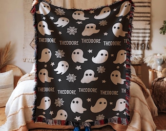 Spersonalizowany koc na Halloween, prezent na Halloween dla dzieci, koc z imieniem, wystrój domu na Halloween, dekoracje na Halloween, koc jesienny