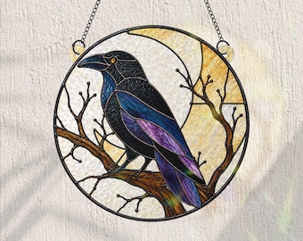 Apanhador de Sol Corvo, Vitral para Janela, Decoração Gótica de Halloween, Ornamento Assustador de Pássaro Preto, Presente de Lua Crescente de Bruxa