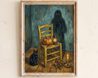 Impressão artística da cadeira assustadora, arte de parede pós-impressionista de Halloween, paisagem outonal pictórica, decoração gótica de Halloween, decoração rústica para casa.