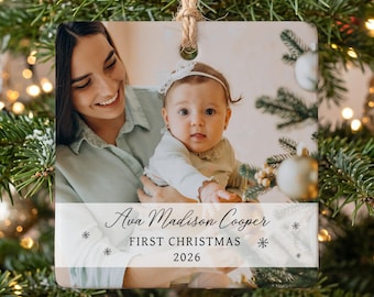 Baby First Christmas Ornament, Custom Baby Photo Ornament, Personalized Newborn Keepsake, Square Picture Tree Decor Gift for New Parents