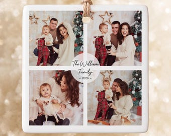 Custom Family Photo Collage Ornament, Personalized Picture Memory Keepsake, Square Bauble Xmas Tree Decor, Holiday Gift for Family