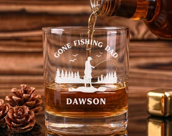 Fishing Dad Whiskey Glass, Personalized Fathers Day Gift for Dad, Custom Name Daddy Rock Glass, Fisherman Gift for Men, Dad Birthday Gift