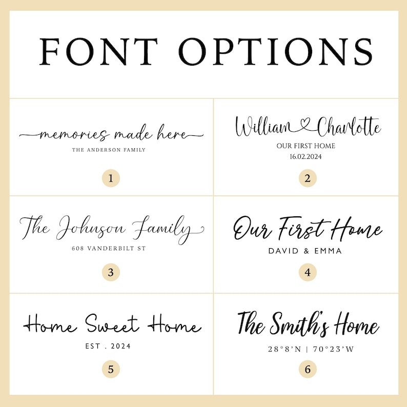 May include: Six different font options for a home sign. The first option says "memories made here" with the text "THE ANDERSON FAMILY" below. The second option says "William Charlotte" with the text "OUR FIRST HOME" and "16.02.2024" below. The third option says "The Johnson Family" with the text "608 VANDERBILT ST" below. The fourth option says "Our First Home" with the text "DAVID & EMMA" below. The fifth option says "Home Sweet Home" with the text "EST 2024" below. The sixth option says "The Smith's Home" with the text "28&deg;8&prime;N 70&deg;23'W" below.