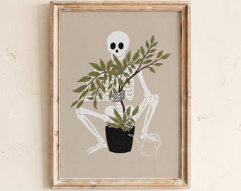 Impressão artística de esqueleto e planta, pôster melancólico de outono para amantes de plantas, decoração de outono para apaixonadas por plantas, arte de parede imprimível para o Halloween.