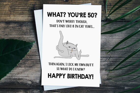Funny 50th Birthday Card, 50th Cat Birthday Card for Cat Mom Cat