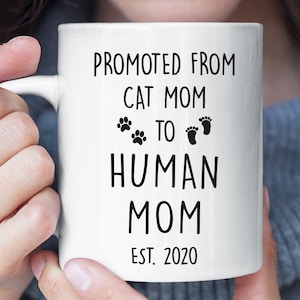 Promovido de gato mamá a mamá humana taza divertida, anuncio de embarazo, bebé anuncio esposa taza de café, bebé ducha regalo, nueva mamá regalo