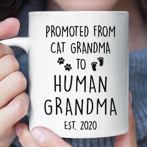 Promovido de la abuela de la gata a la abuela humana taza divertida, anuncio de embarazo abuelo, regalo de la abuela anuncio del bebé, nuevo regalo de la abuela
