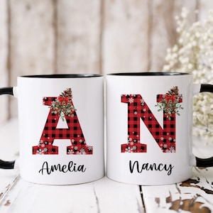 Personalized Christmas Mug, Buffalo Plaid Initial & Name Holiday Mug, Christmas Gift, Secret Santa Gift, Xmas Present, Stocking Stuffer