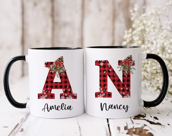 Personalized Christmas Mug, Buffalo Plaid Initial & Name Holiday Mug, Christmas Gift, Secret Santa Gift, Xmas Present, Stocking Stuffer