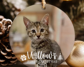 Personalized Cat Ornament, Cats First Christmas Ornament, Custom Pet Photo Holiday Ornament, Cat 1st Xmas Bauble, Cat Christmas Decor