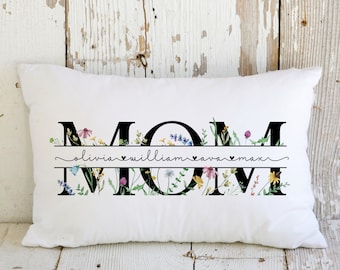 Custom Kids Name Pillow, Mom Floral Pillow, Personalized Mothers Day Gift for Mom, Mom Birthday Gift from Daughter Son, Mama Gift