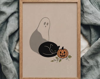 Impressão artística de gato preto, fantasma e abóbora, pôster com atmosfera outonal, presente para amantes de gatos, arte de parede imprimível de Halloween, decoração de outono para casa.