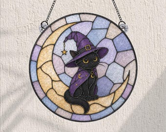 Vitral com Gato Preto Fofo para Pendurar Sol, Gato Bruxo na Lua, Decoração de Janela, Enfeite de Janela para o Halloween, Decoração de Quarto com Tema de Bruxa, Presente para Amante de Gatos Assustadores