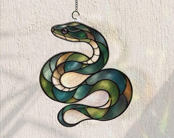Enfeite de janela em forma de cobra para o Halloween, vitral com serpente verde, decoração gótica e bruxa para casa, ornamento assustador de réptil, presente de Halloween.