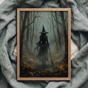 May include: A framed wall art print depicting a figure in a pointed hat and long dark robes walking through a misty, leafless forest. The ground is covered in fallen autumn leaves, and the figure holds a broomstick in a dark, atmospheric setting.
