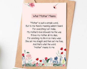 Floral Poem Card For Mom, Mothers Day Card, What Mother Means, Mom Birthday Card, Mothers Day Gift From Daughter Or Son