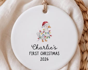 Baby First Christmas Ornament, Personalized Watercolor Goose Xmas Bauble, Custom Newborn Keepsake, Baby 1st Christmas Gift, Holiday Ornament
