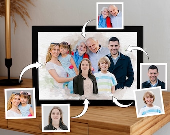 May include: A watercolor painting of a family portrait. The family is made up of two adults, three children, and two older adults. The family is standing together in a group, smiling and looking at the camera. The painting is done in a soft, muted color palette.