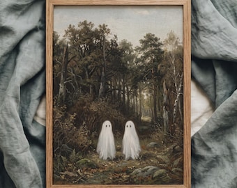 Pintura "Dois Fantasmas na Floresta", Pôster Melancólico de Outono, Impressão Artística da Temporada de Outono, Arte de Parede Imprimível Fofa para o Halloween, Decoração Rústica para Casa