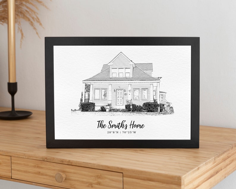 May include: A black and white line drawing of a house with a front porch and a yard. The text "The Smiths Home 28&deg;8'N | 70&deg;23'W" is below the house.