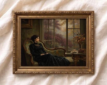 Pintura vintage de uma mulher vitoriana sentada em um sofá, arte de parede no estilo Witchcore, impressão artística para o Halloween, decoração Dark Academia, decoração gótica para casa.