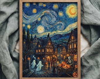 Arte de parede da Cidade do Halloween, impressão pós-impressionista de vila noturna, céu com luar rodopiante, paisagem outonal pictórica, decoração gótica de Halloween