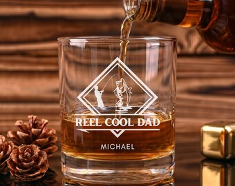 Personalized Whiskey Glass Fathers Day Gift, Reel Cool Dad Fishing Gift for Fisherman, Custom Birthday Gift for Fisherman Papa