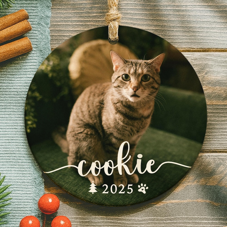 May include: Round Christmas ornament featuring a tabby cat named "Cookie." The cat is brown and gray with green eyes, sitting on a green surface. The ornament includes the year "2025" and a paw print.
