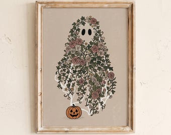 Impressão artística de fantasmas florais, arte de parede imprimível de Halloween, pôster melancólico de outono, impressão de parede assustadora, decoração de casa para a temporada de outono, decoração minimalista