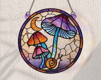 Enfeite de Halloween em forma de cogumelo para pendurar na janela, caracol de vitral, decoração campestre com lua crescente, ornamento assustador e divertido, presente de outono.