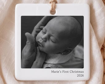 Personalized Baby First Christmas Photo Ornament, Custom Newborn Picture Bauble, Customized Minimalist Baby Keepsake, New Mom Gift