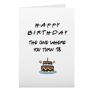 May include: A white card with black text that reads "Happy Birthday The One Where You Turn 18". A cartoon cake with a lit candle is below the text.