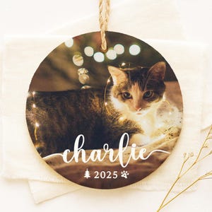 May include: Round wooden ornament featuring a cat with string lights. The name "charlie" is written in cursive, with the year 2025 and a paw print. A jute twine loop is attached for hanging.