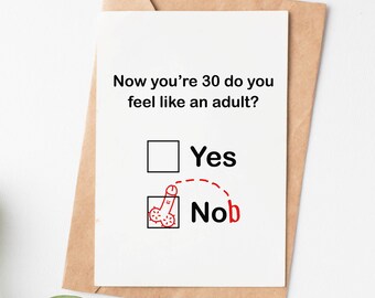May include: A white card with black text that reads "Now you're 30 do you feel like an adult?" with a checkbox next to the word "Yes" and a checkbox next to the word "Nob" with a red line drawn through the "Yes" checkbox and a red line drawn to the "Nob" checkbox.